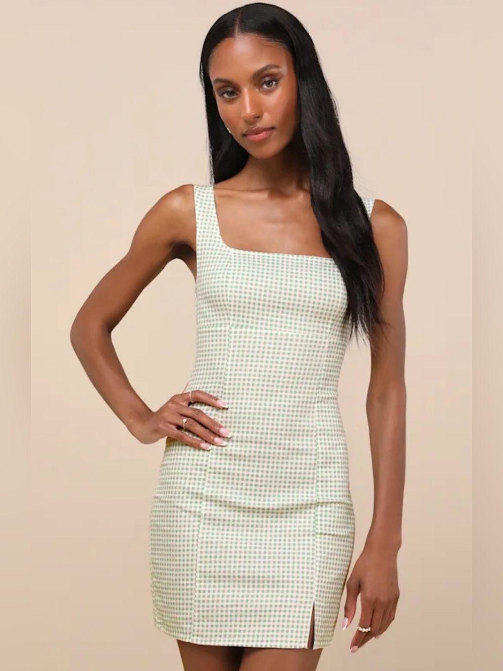 NWT Lulus Happy Chance Sage Green Gingham Square Neck Mini Dress Sz XS